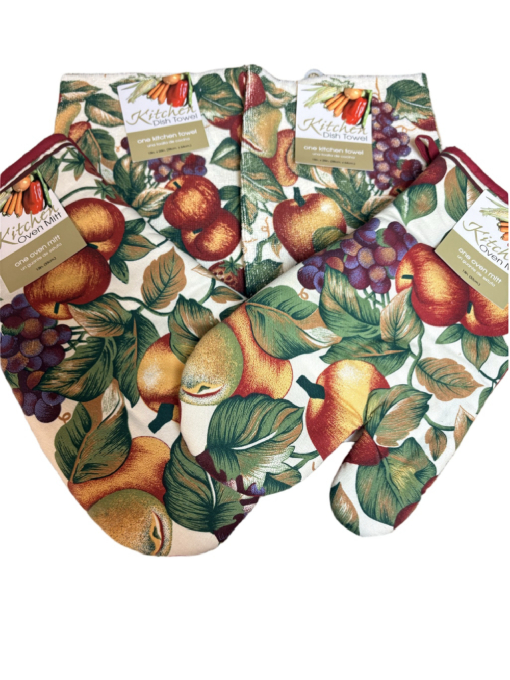 Kitchen Linens Oven Mitts & Dish Towels Set Red Beige Lot of 4 Items NWT